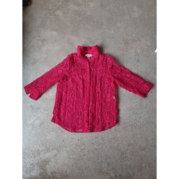 C.l.o.t.h.e.s. Blouse Red Size L Womens Long Sleeve Sheer Collared Burn Out - Picture 13 of 13